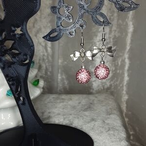 Handmade Bow Earrings Pink Silvertone